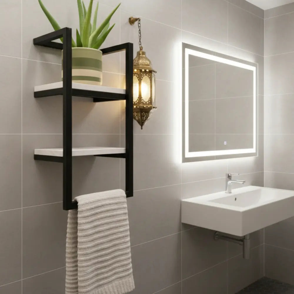 Solution de rangement verticale pour petite salle de bain intégrant un support pour plante et un porte-serviette pratique.