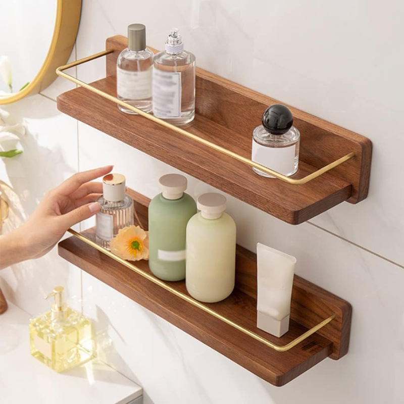 Étagère salle de bain design avec bois massif et barre en acier inoxydable