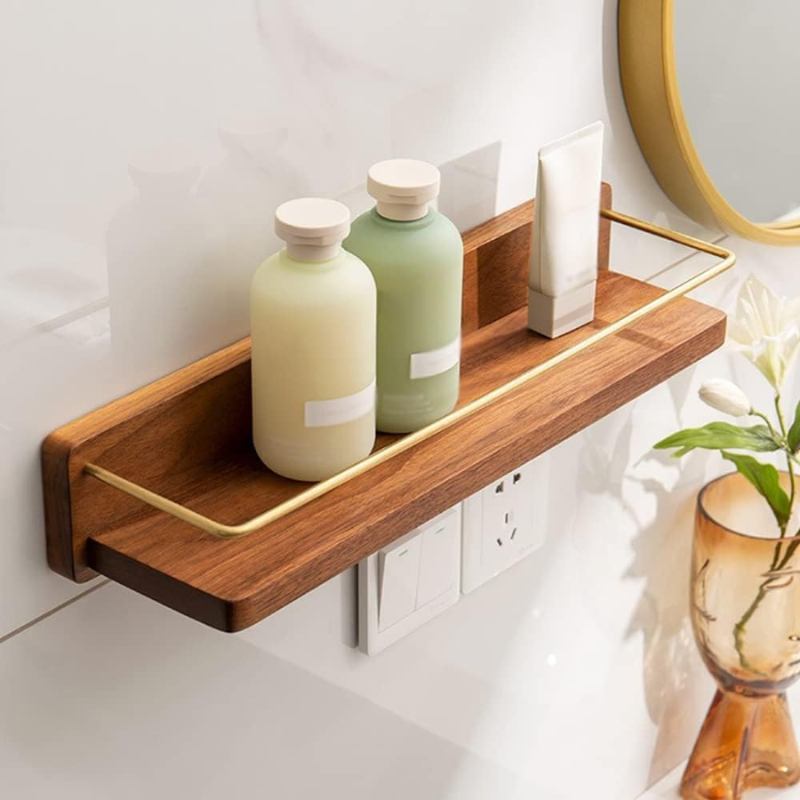 Étagère murale salle de bain en bois naturel et métal doré