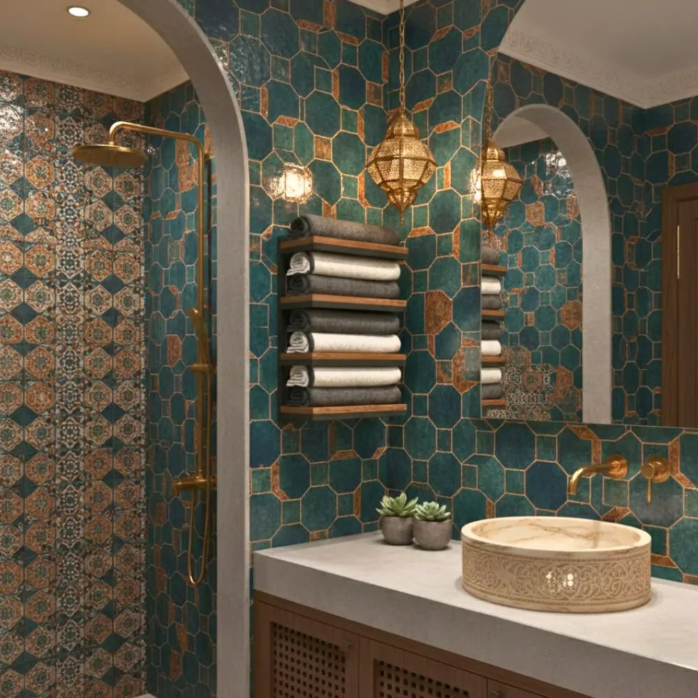 Étagère murale design pour salle de bain avec structure en métal noir et plateaux en bois, garnie de serviettes blanches et grises.