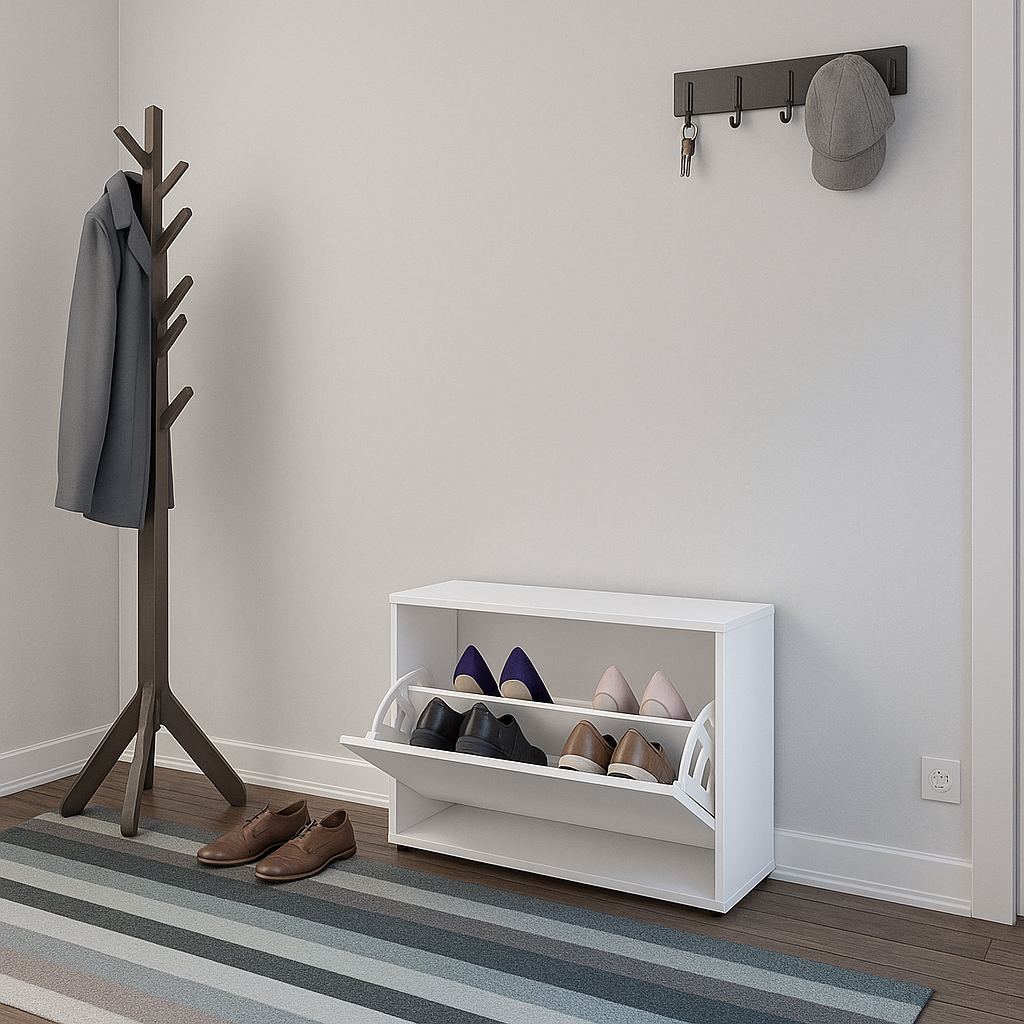 Meuble pour chaussures moderne en MDF blanc dans une entrée