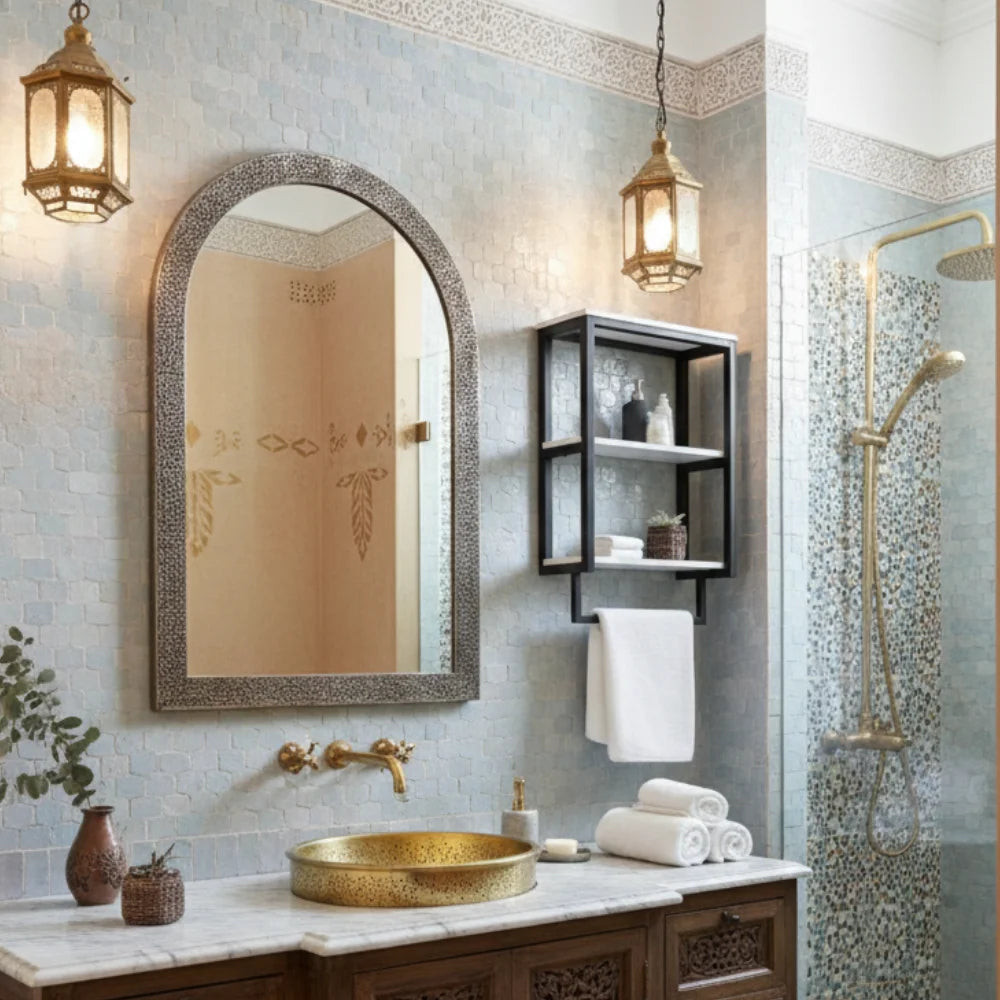 Salle de bain luxueuse avec carrelage zellige émeraude, vasque sculptée, robinetterie dorée