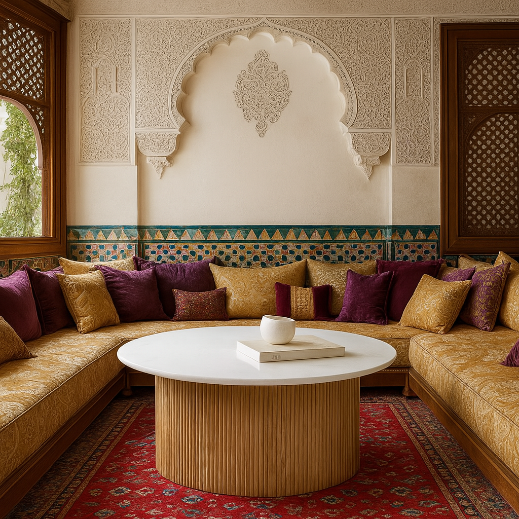 Table basse ronde design marocain en bois massif et marbre naturel