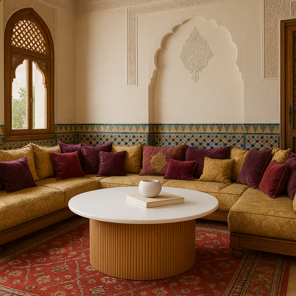 table basse marbre travertin bois naturel salon marocain