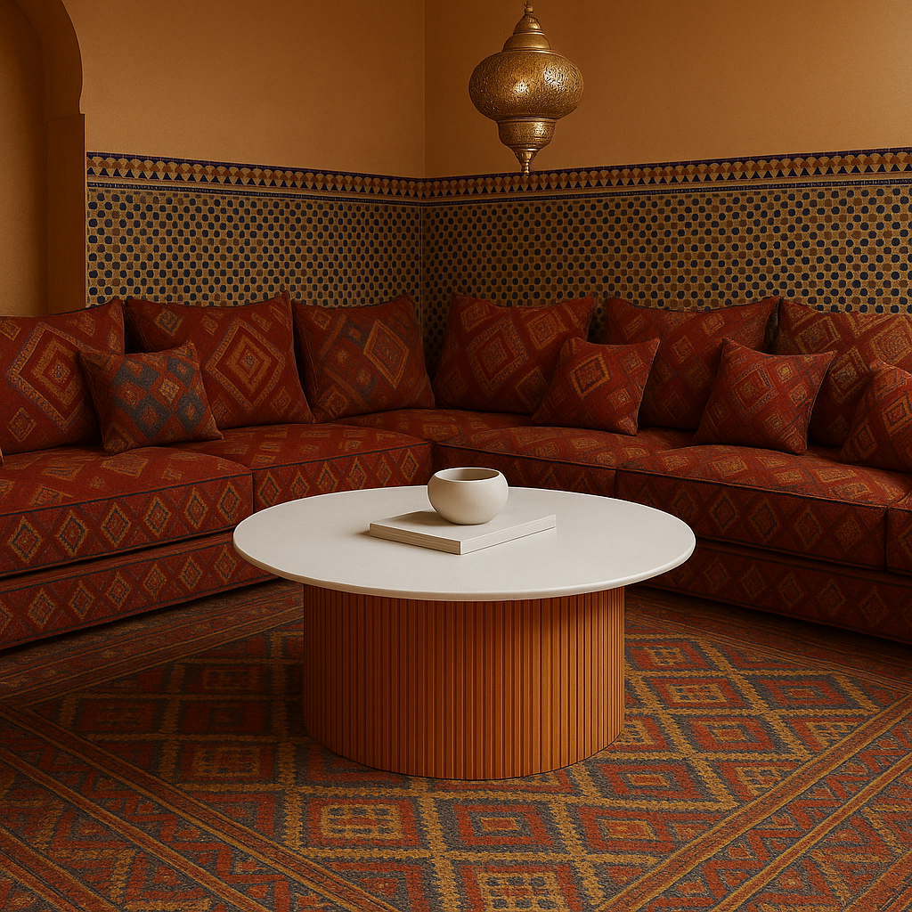 Table basse pour salon marocain avec accessoires en laiton sur plateau