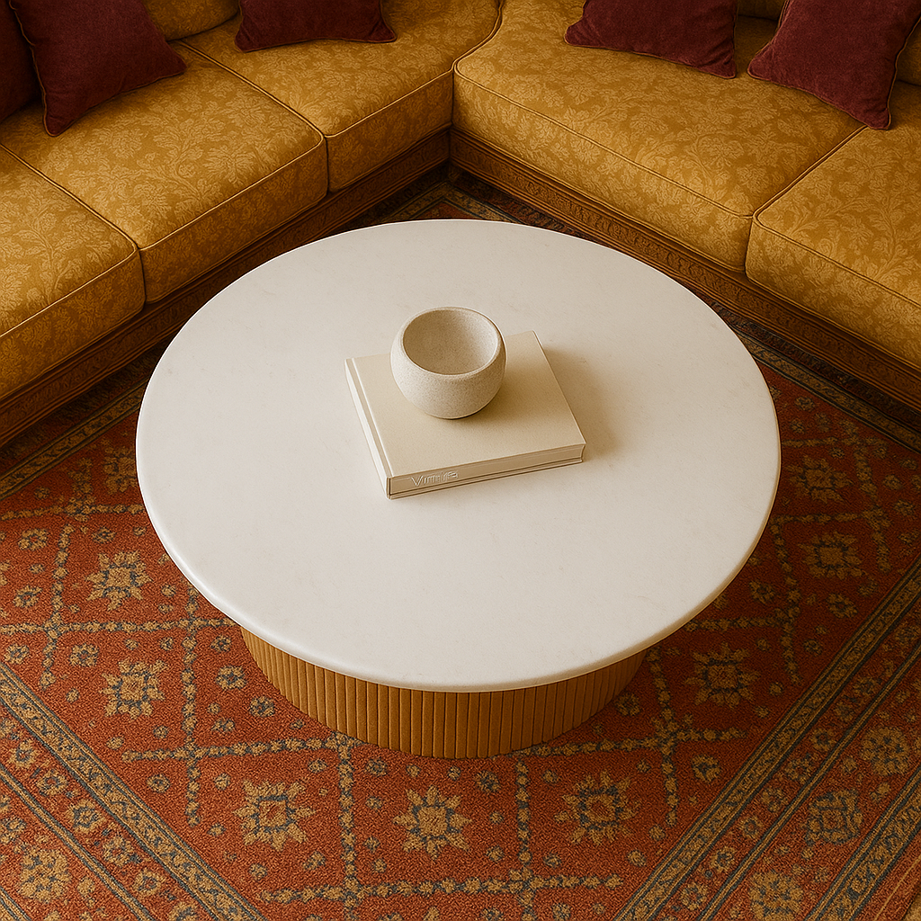 Table basse en marbre et bois naturel pour salon marocain contemporain