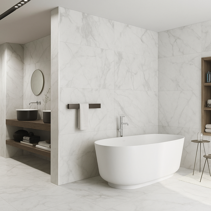 Grande salle de bain lumineuse en marbre blanc Carrare avec baignoire intégrée, grande fenêtre et meuble vasque.