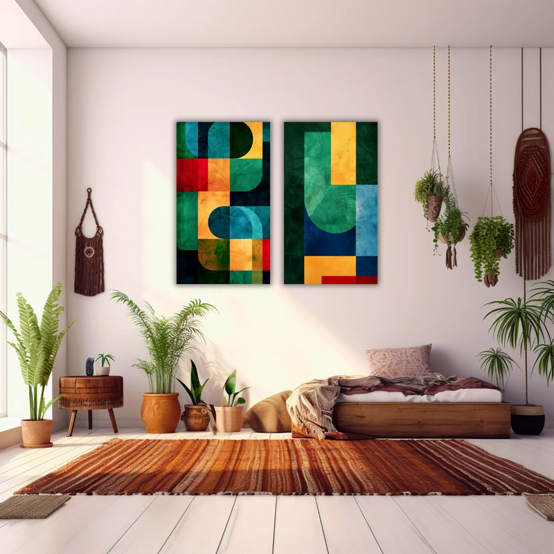 Deux tableaux abstraits colorés pour décoration murale de salon marocain moderne