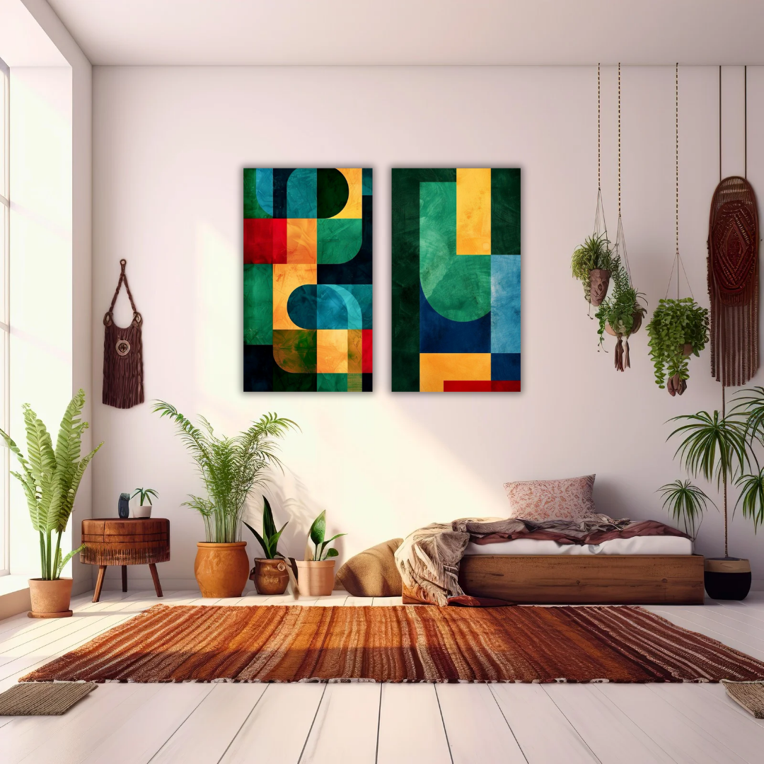 Deux tableaux abstraits colorés pour décoration murale de salon marocain moderne