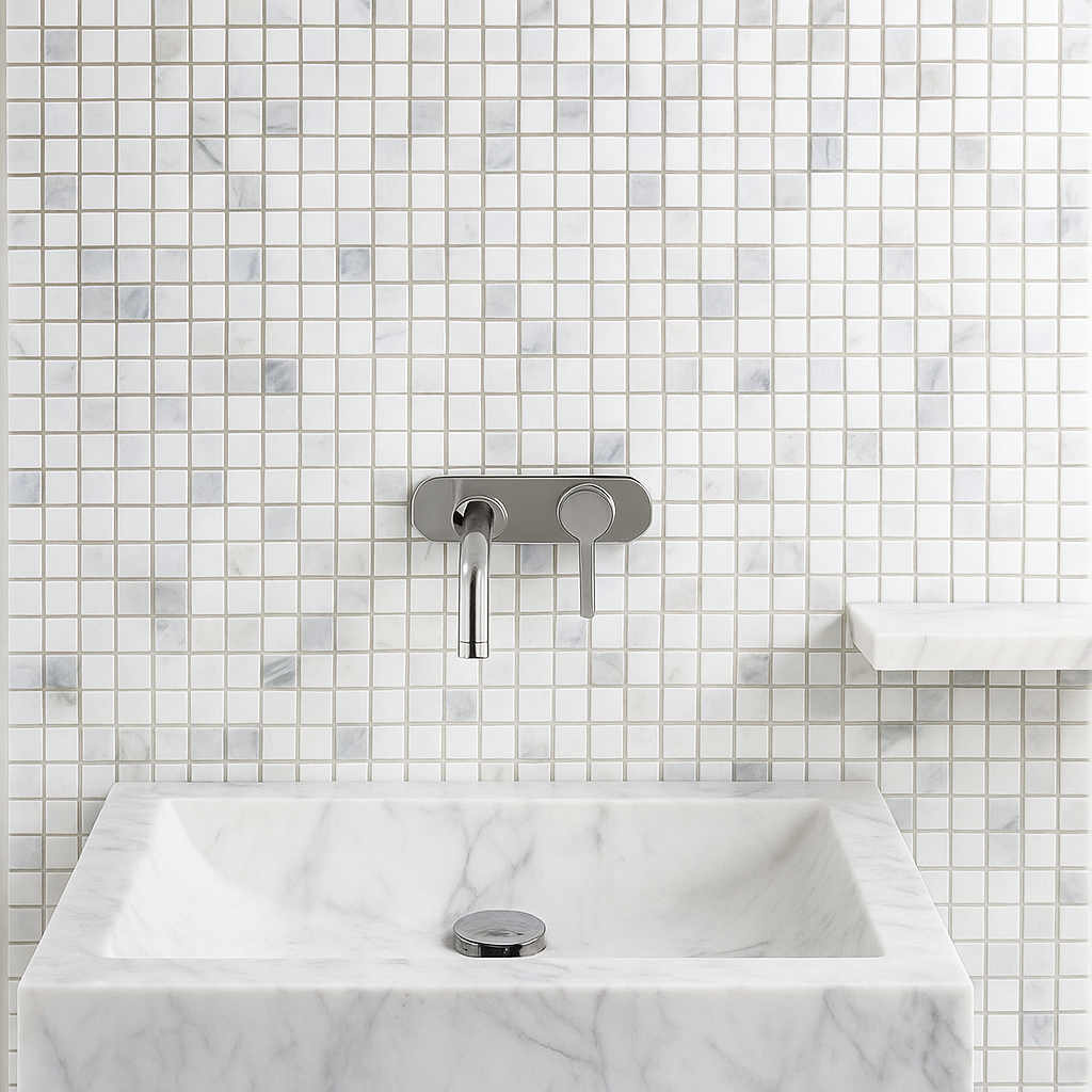 planche de carrelage en marbre mosaïque blanc avec veinage gris