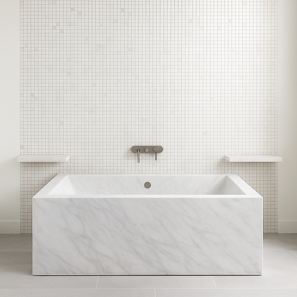vasque rectangulaire en marbre avec carrelage mosaïque mural