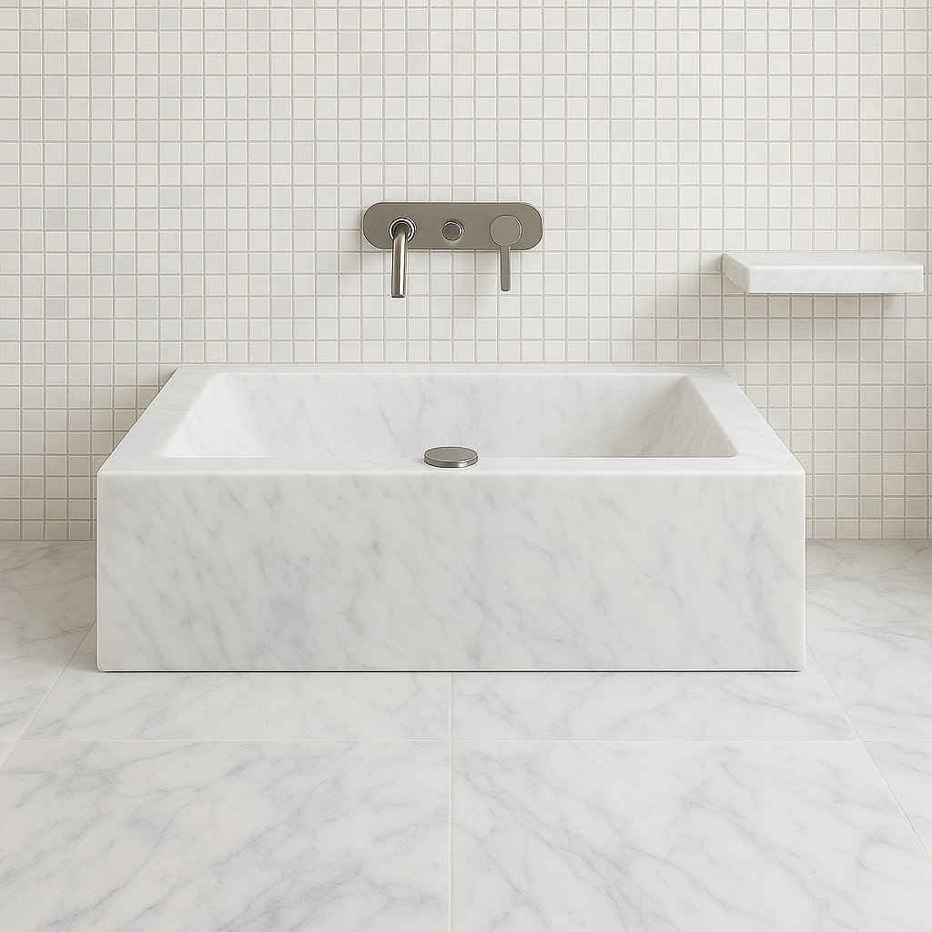 salle de bain contemporaine avec carrelage en marbre mosaïque et douche italienne