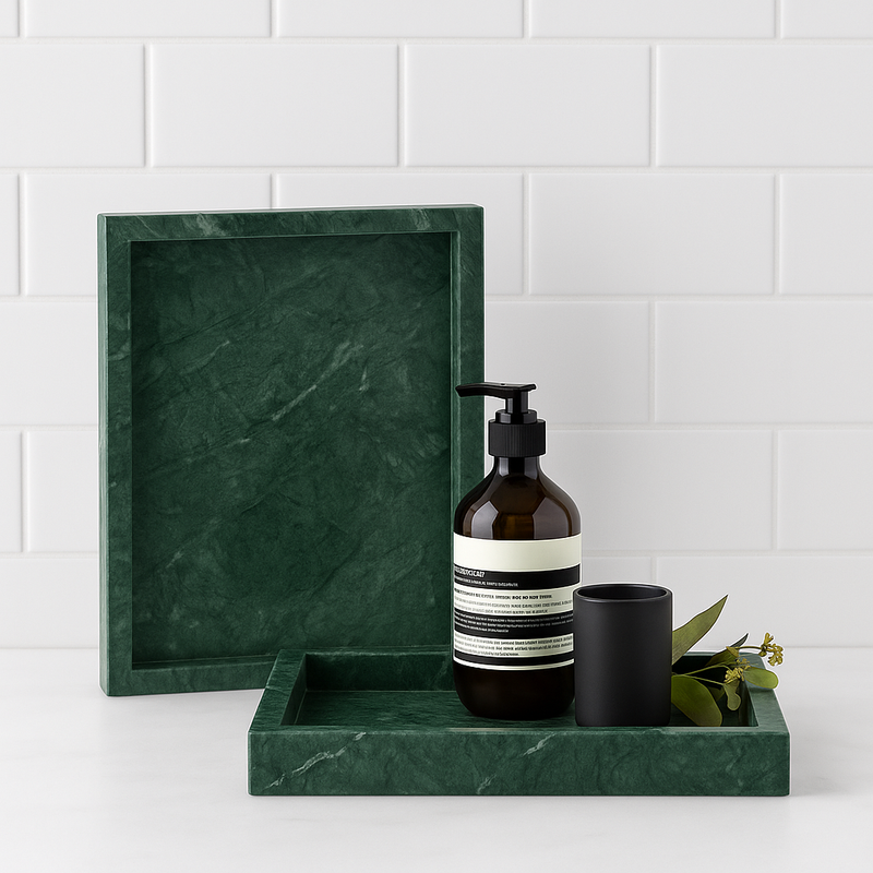 2 plateau en marbre vert pour organiser les accessoires de salle de bain au Maroc 