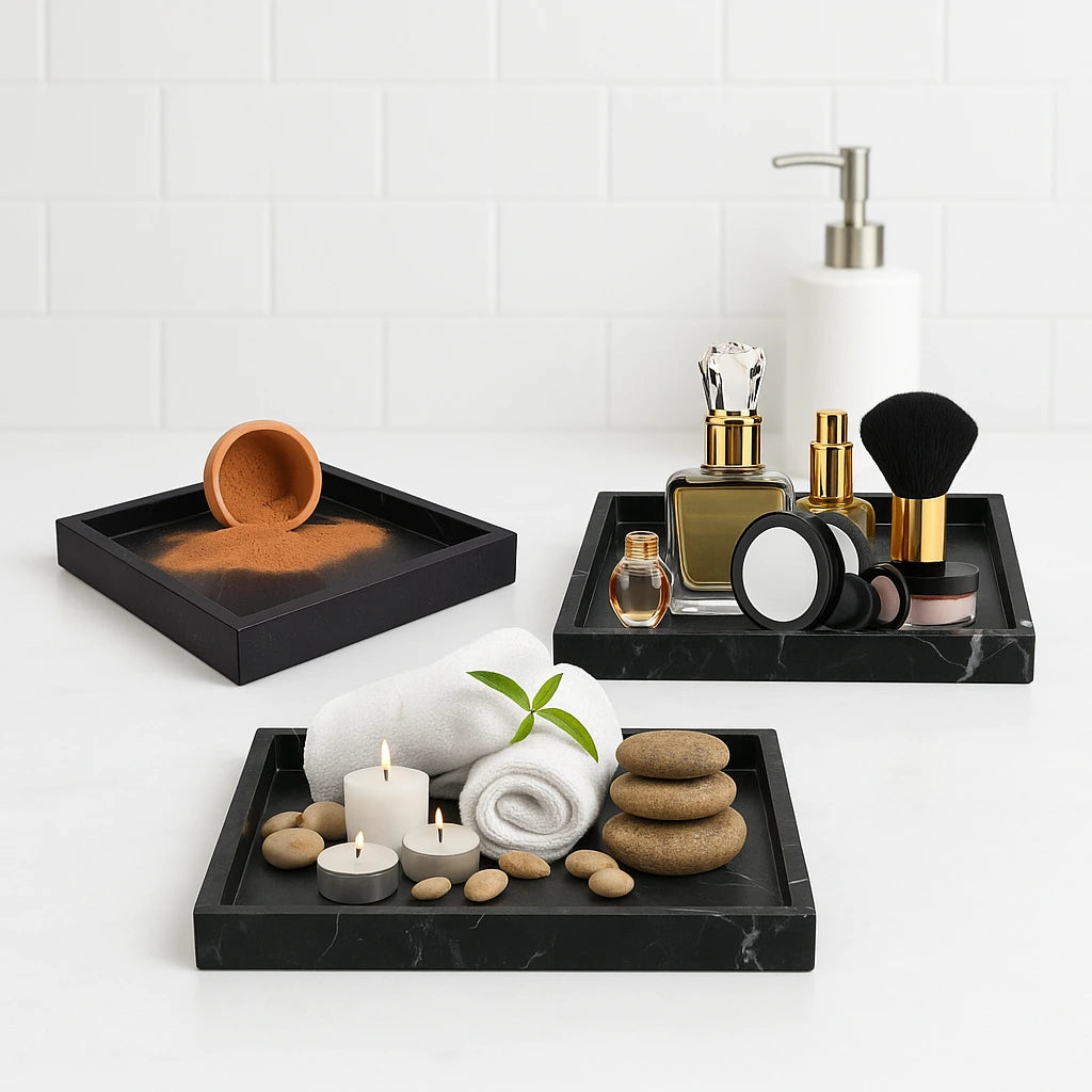 Ensemble 3 Plateaux en marbre noir pour salle de bain
