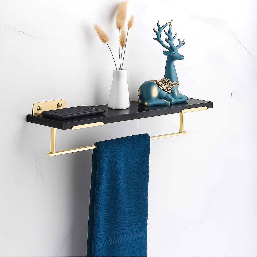 Étagère salle de bain design en marbre noir et métal doré