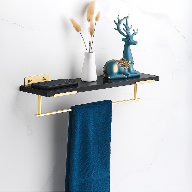 Étagère salle de bain design en marbre noir et métal doré