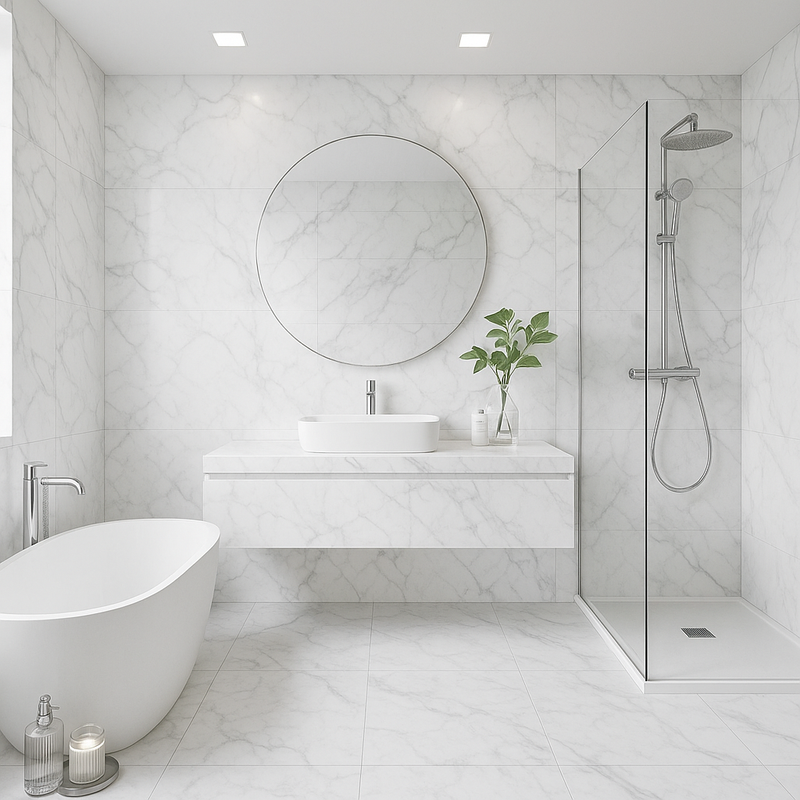 Décoration salle de bain marbre blanc Carrare Maroc - prix et design de luxe
