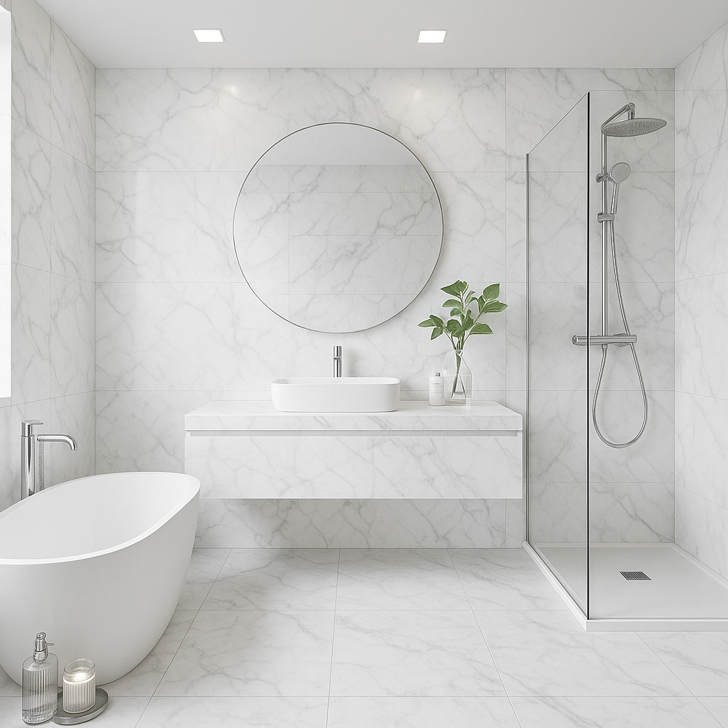 Décoration salle de bain marbre blanc Carrare Maroc - prix et design de luxe