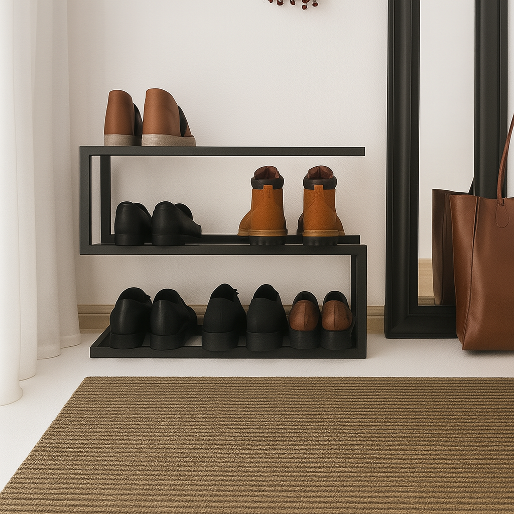 Meuble à chaussures en métal noir avec chaussures élégamment rangées