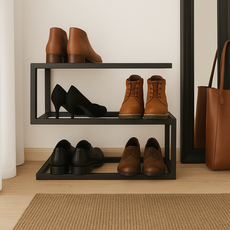 Rangement chaussures moderne IKEA style dans une entrée scandinave