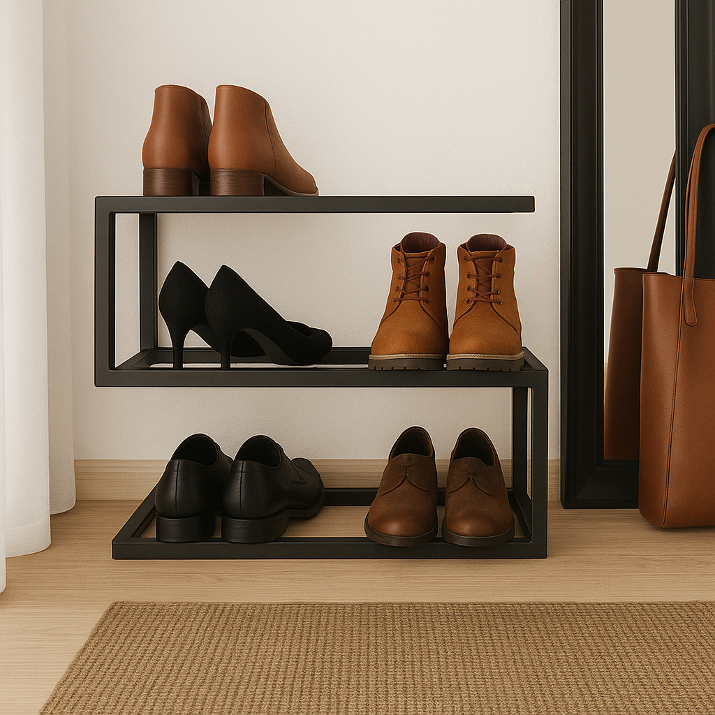 Rangement chaussures moderne IKEA style dans une entrée scandinave