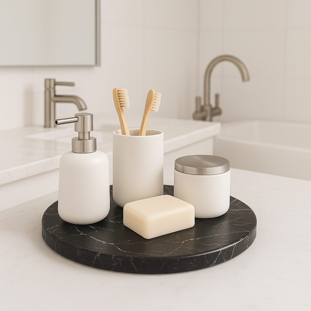 Plateau rond en marbre pour organiser salle de bain au maroc