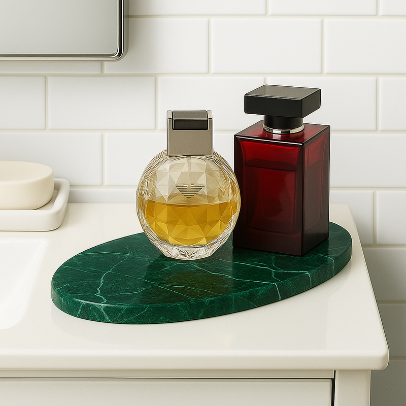 Plateau ovale en marbre vert pour salle de bain 