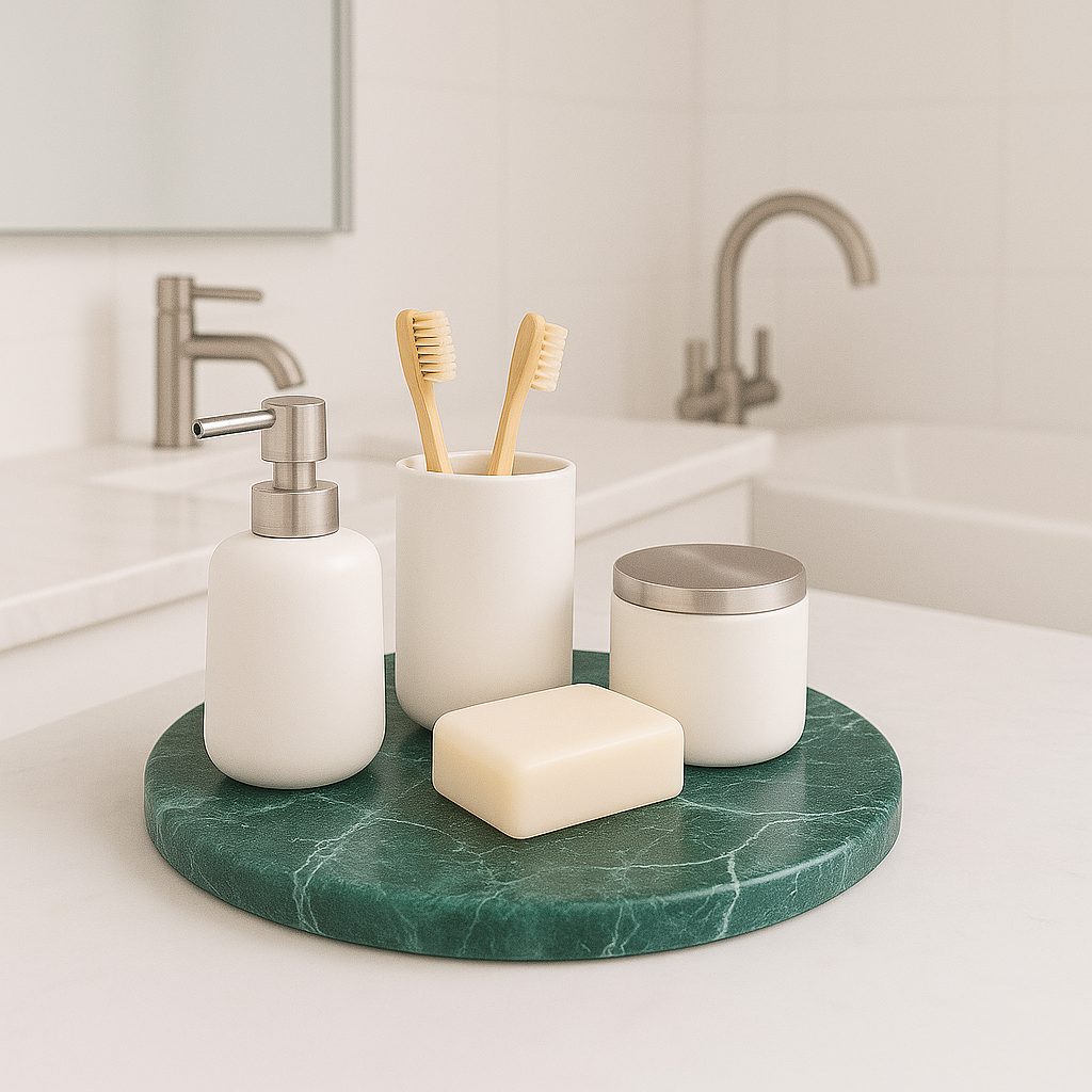 Plateau rond en marbre pour organiser salle de bain