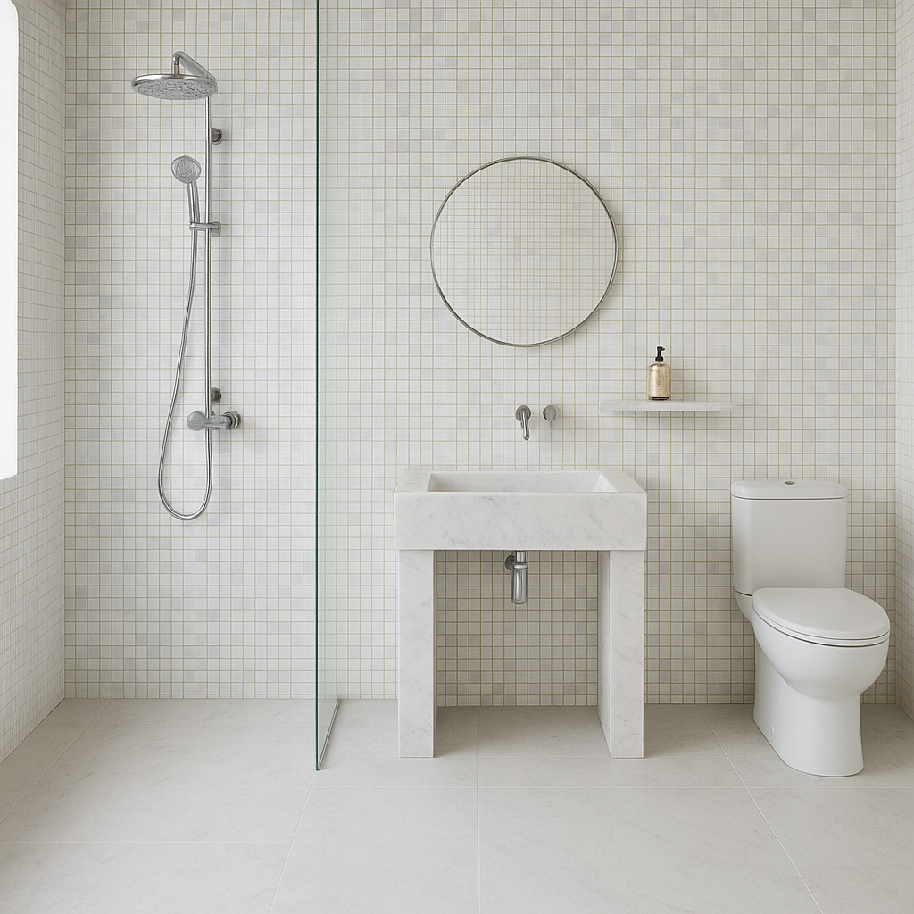 mur de salle de bain habillé de carrelage en marbre mosaïque avec robinetterie design