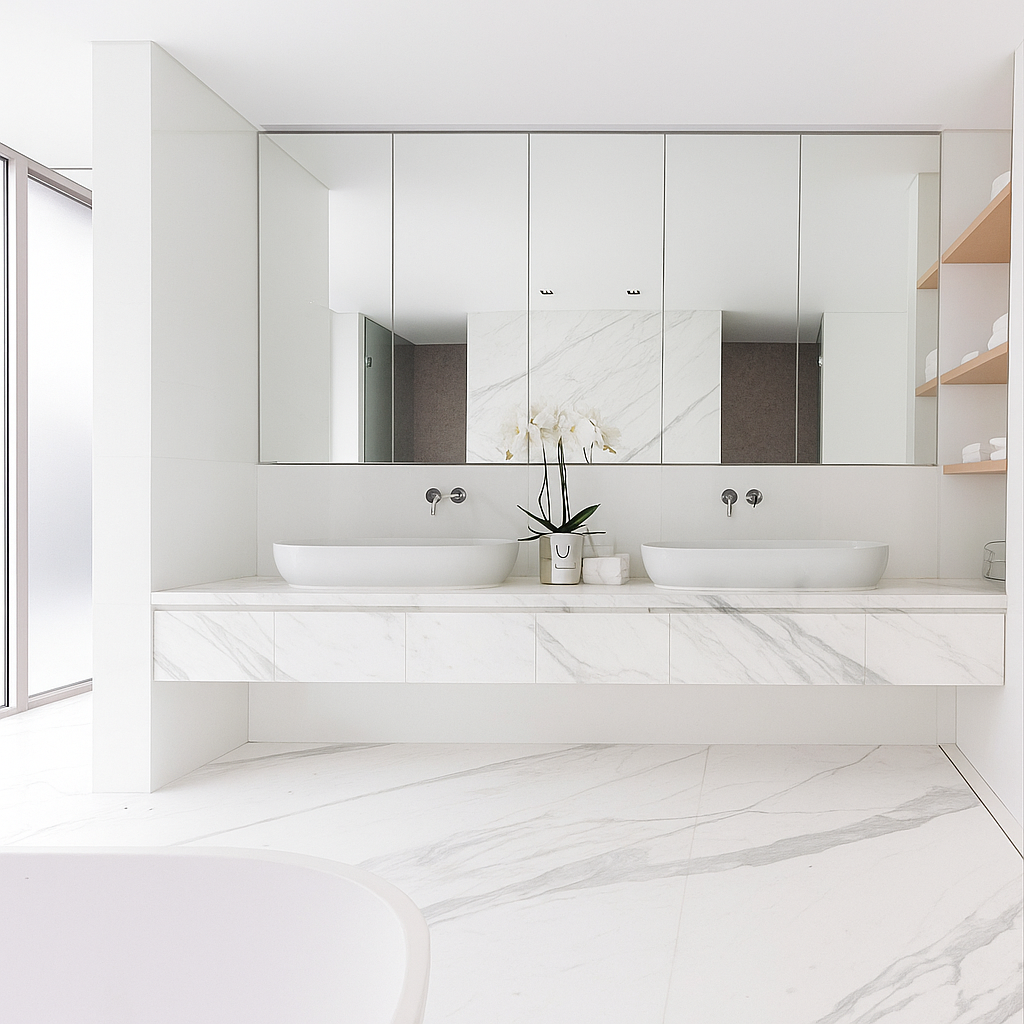 Salle de bain moderne en marbre blanc Carrare avec douche vitrée et meuble sous-vasque en marbre