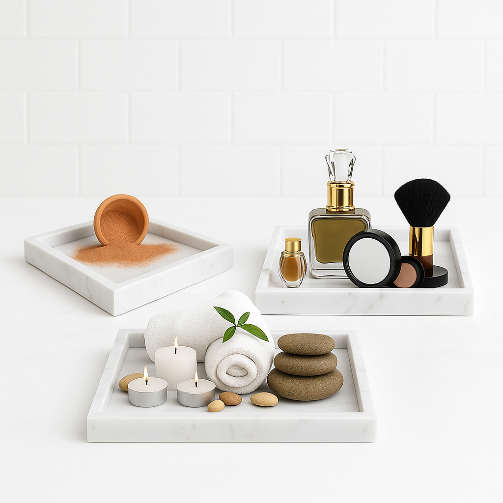 Ensemble 3 Plateaux en marbre blanc pour salle de bain