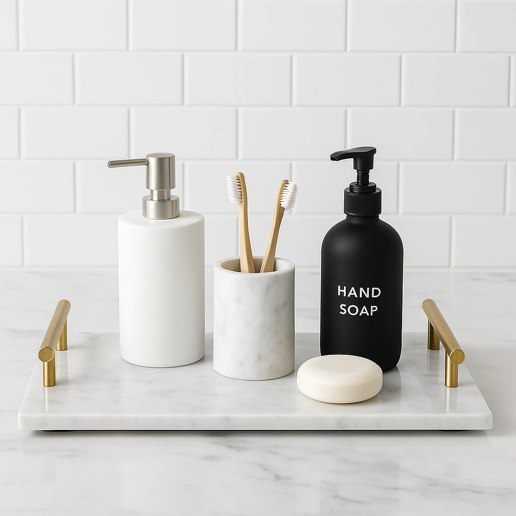 Plateau en marbre élégant avec poignées dorées pour salle de bain