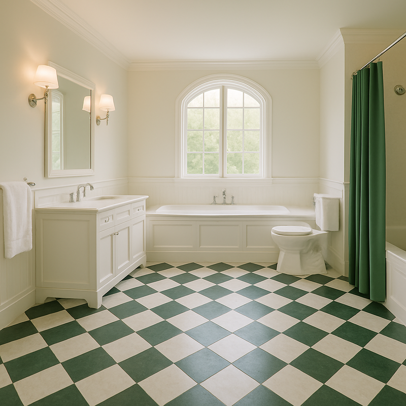 Carrelage en marbre vert et creme en damier dans salle de bain élégante avec rideau assorti et plante verte