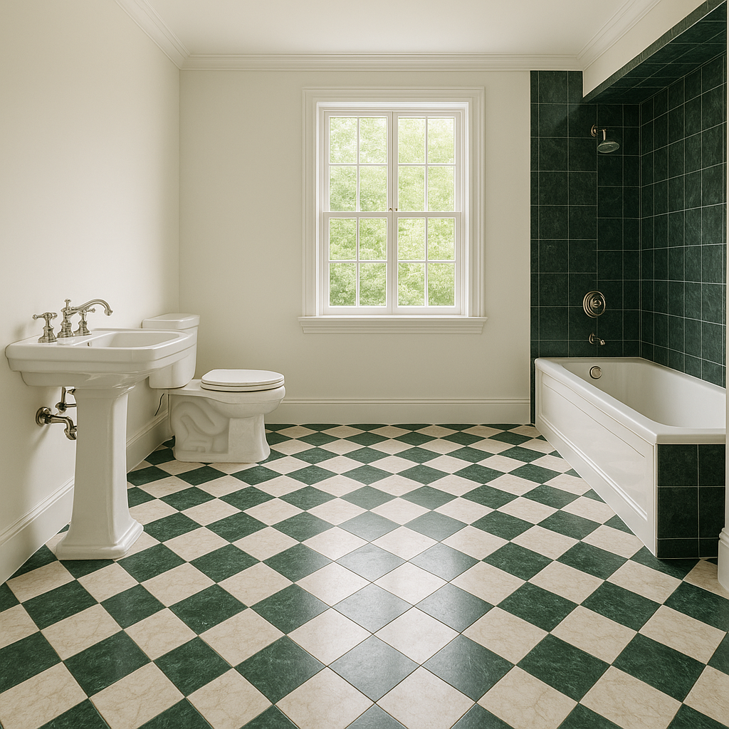 Carrelage en marbre vert et creme en damier dans une petite salle de bain avec lavabo et WC