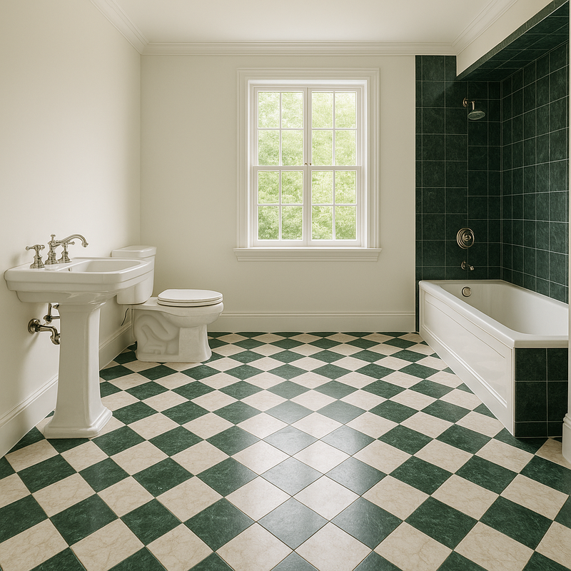 Carrelage en marbre vert et creme en damier dans une petite salle de bain avec lavabo et WC