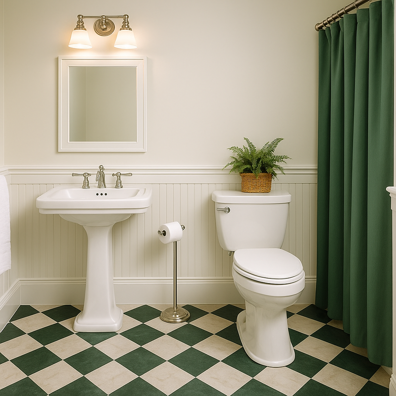 Salle de bain spacieuse avec carrelage en marbre en damier vert et creme et murs partiellement carrelés en marbre