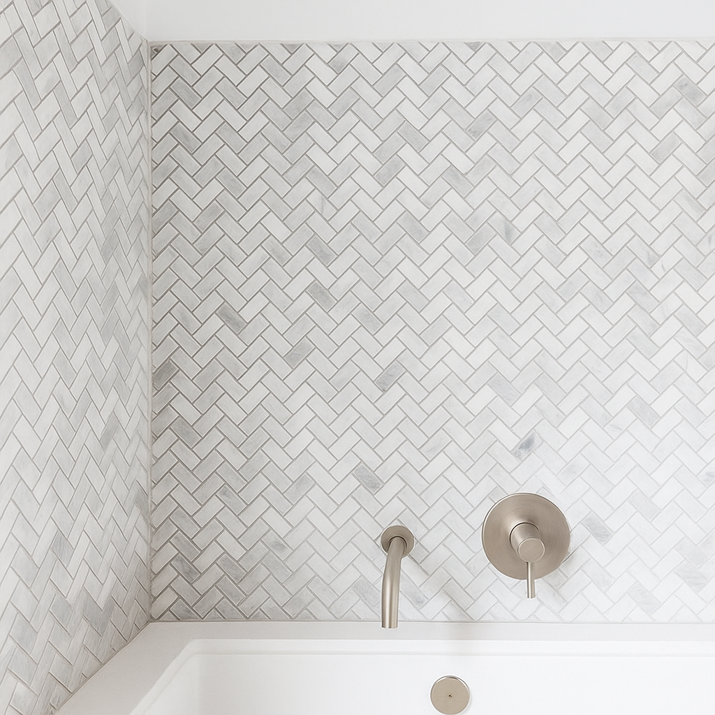 Mur salle de bain recouvert de carrelage en marbre chevron blanc et gris