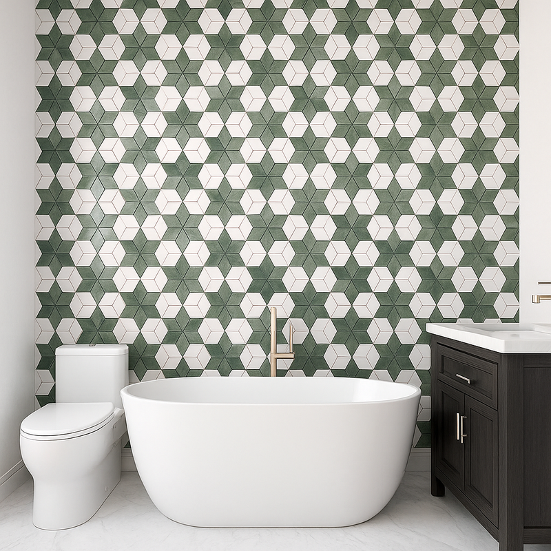carrelage en marbre naturel, alliant subtilement le marbre vert et le marbre blanc dans un motif géométrique sophistiqué.