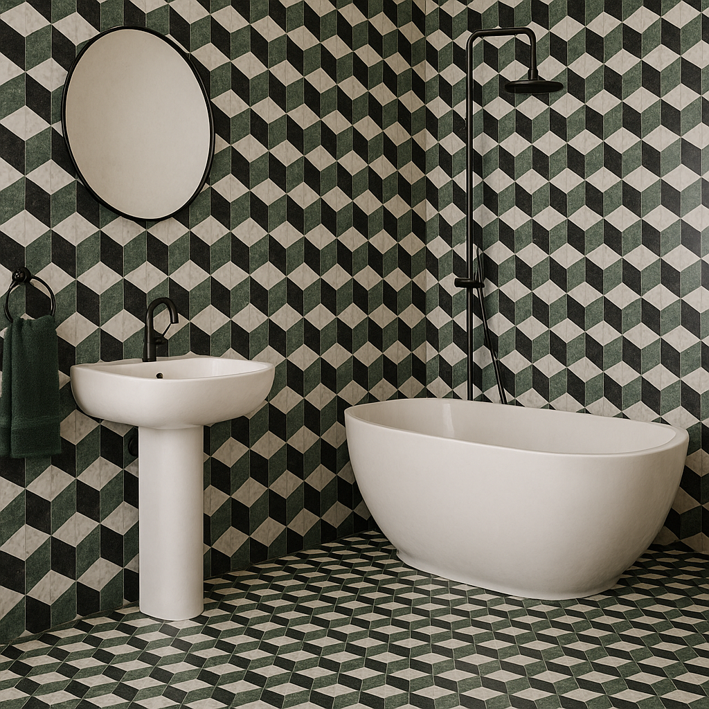 Mur décoratif en carrelage marbre vert noir et blanc pour intérieur contemporain.