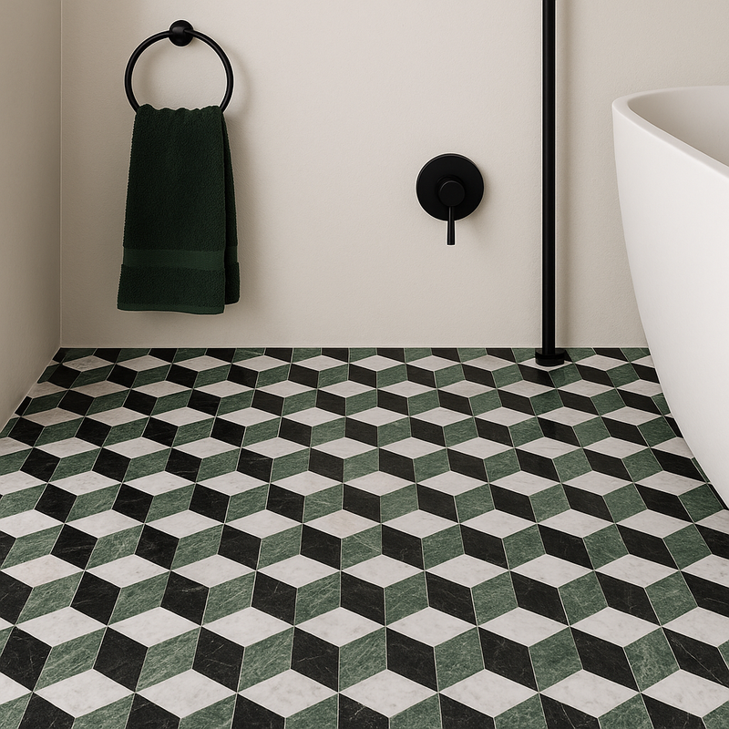 carrelage marbre vert noir et blanc pour salle de bain