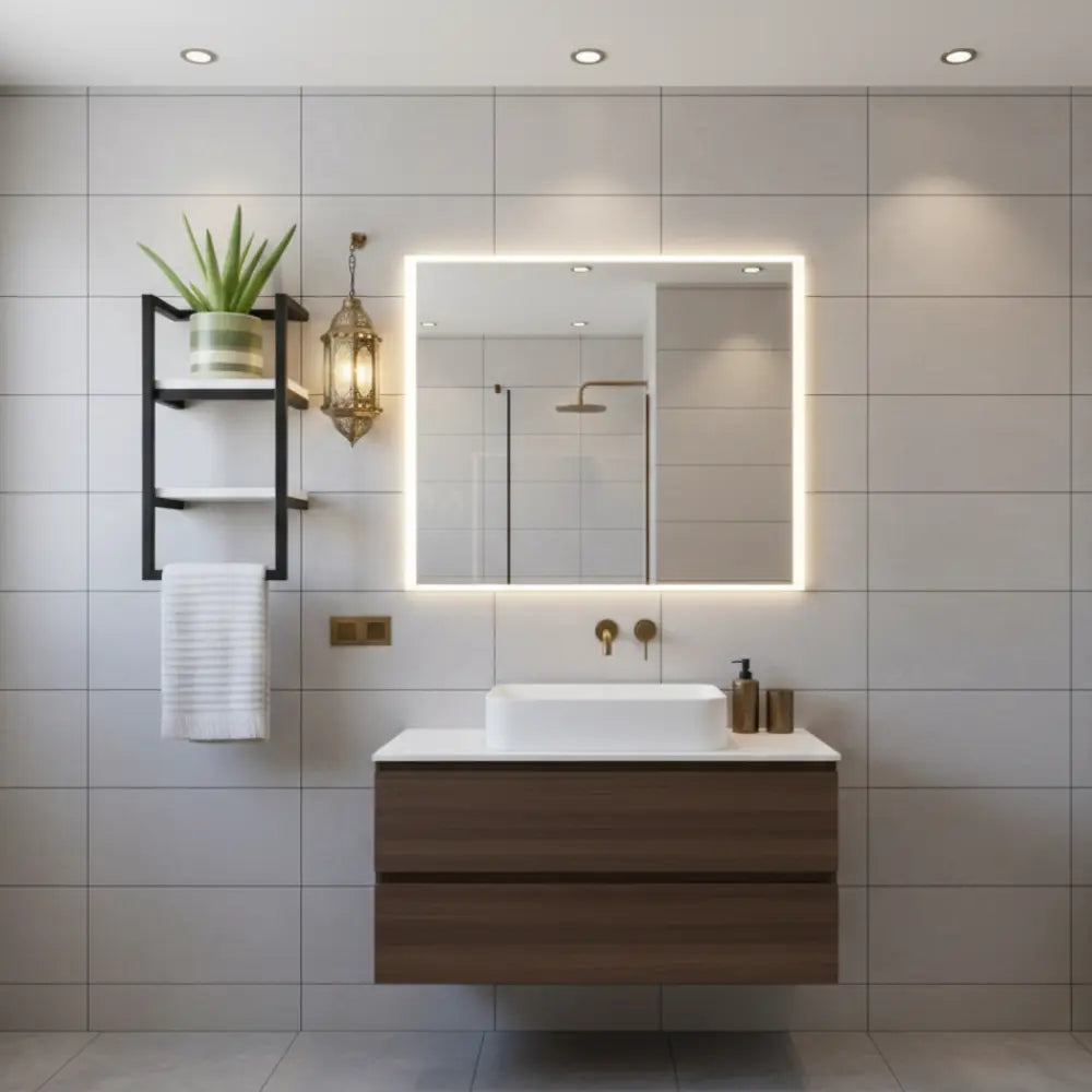 Étagère de salle de bain design avec porte-serviette et support pour plantes, style contemporain.