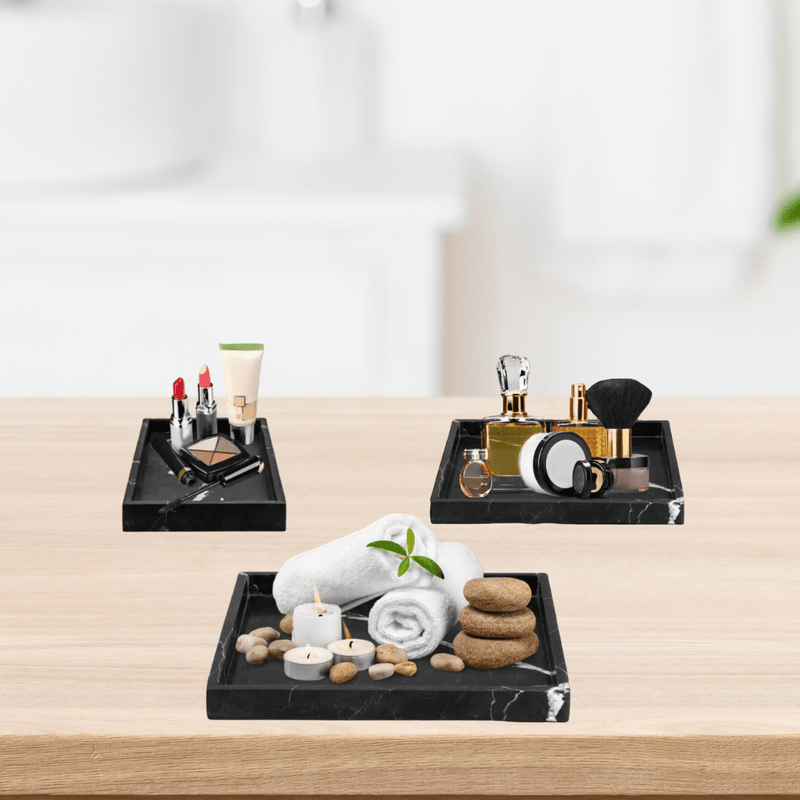 Plateau En Marbre Noir Naturel - 25x25x3 Cm - Pour Salle De Bain, Cuisine, Décoration - Rangement élégant Et Facile à Nettoyer - 10