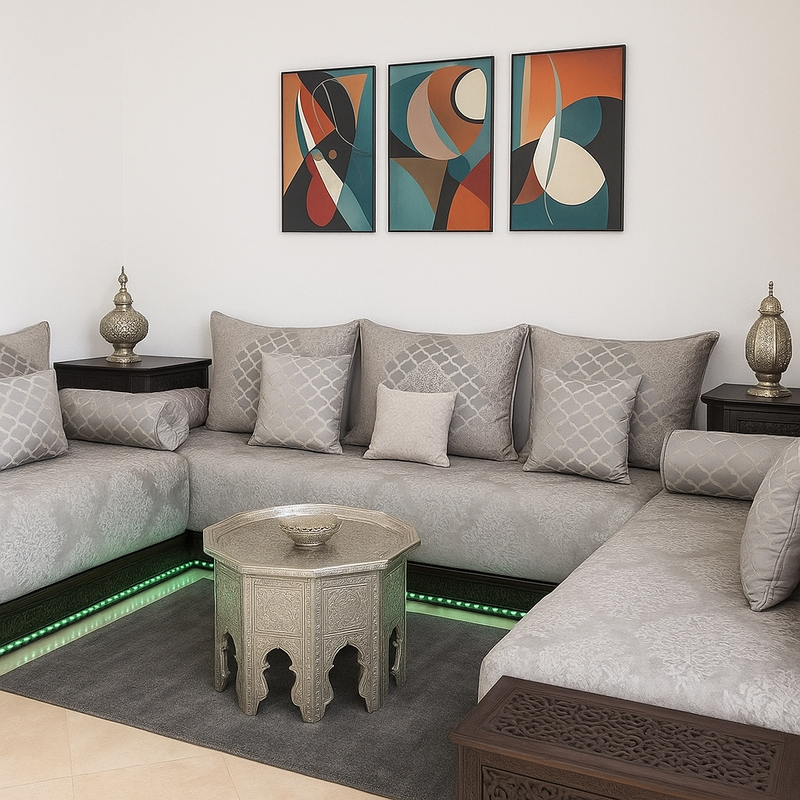 tableau salon marocain 2025 suspendu dans salon gris