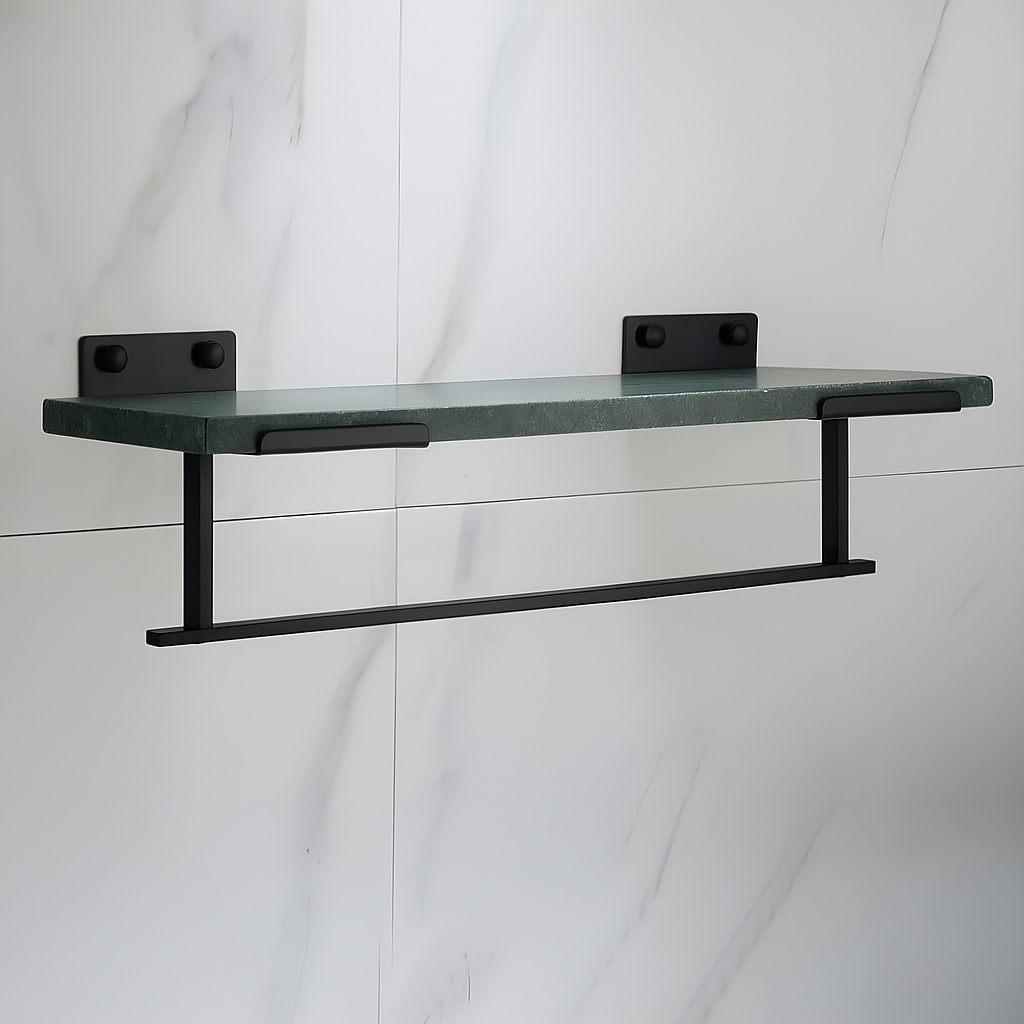 Étagère salle de bain design en marbre blanc et métal noir