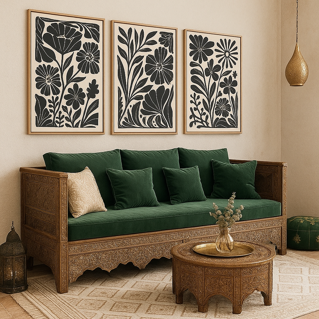 Tableau mural salon marocain moderne avec fleurs noires minimalistes