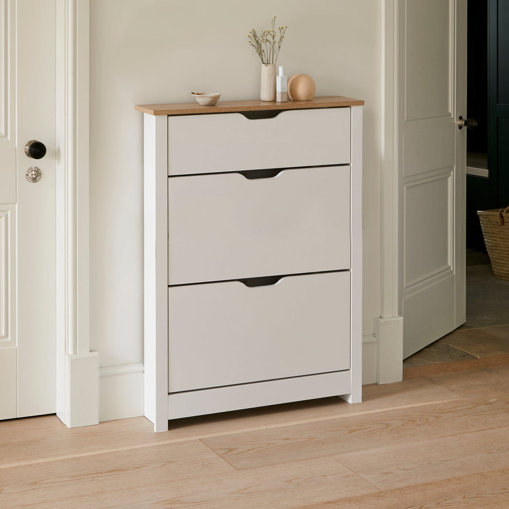 meuble chaussures moderne blanc avec tiroirs basculants en bois pour entrée