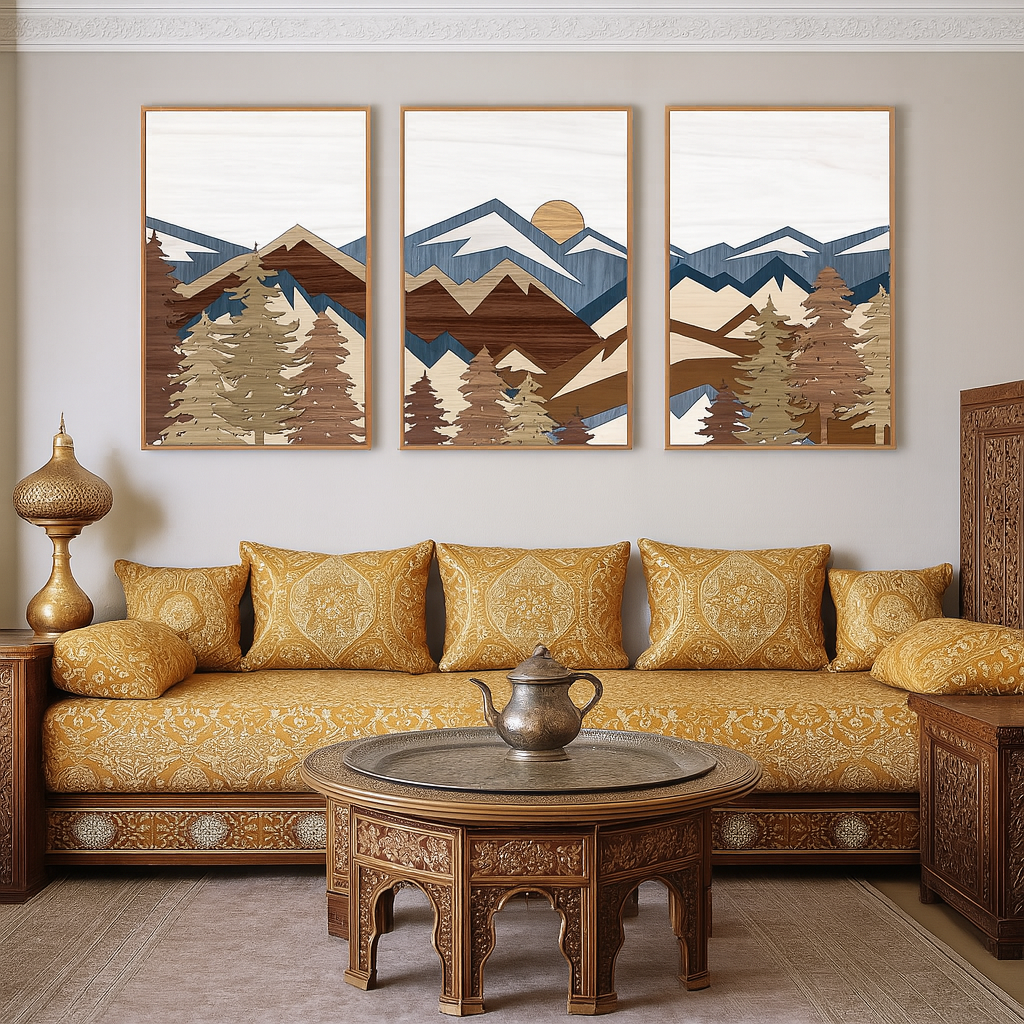 Salon séjour marocain moderne sublimé par un tableau mural géométrique et couleurs chaudes