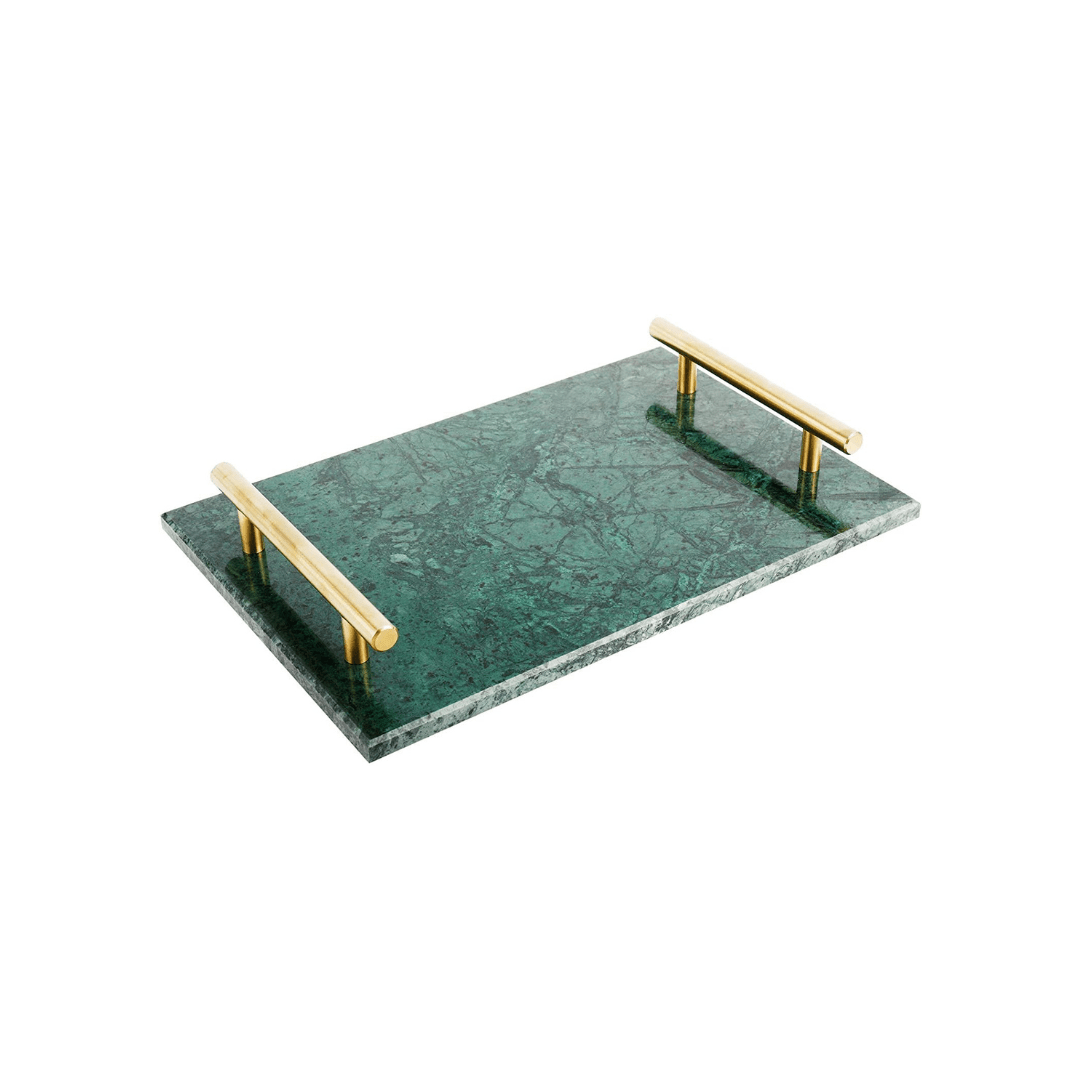 Plateau en marbre vert luxe avec finitions dorées pour salle de bain moderne