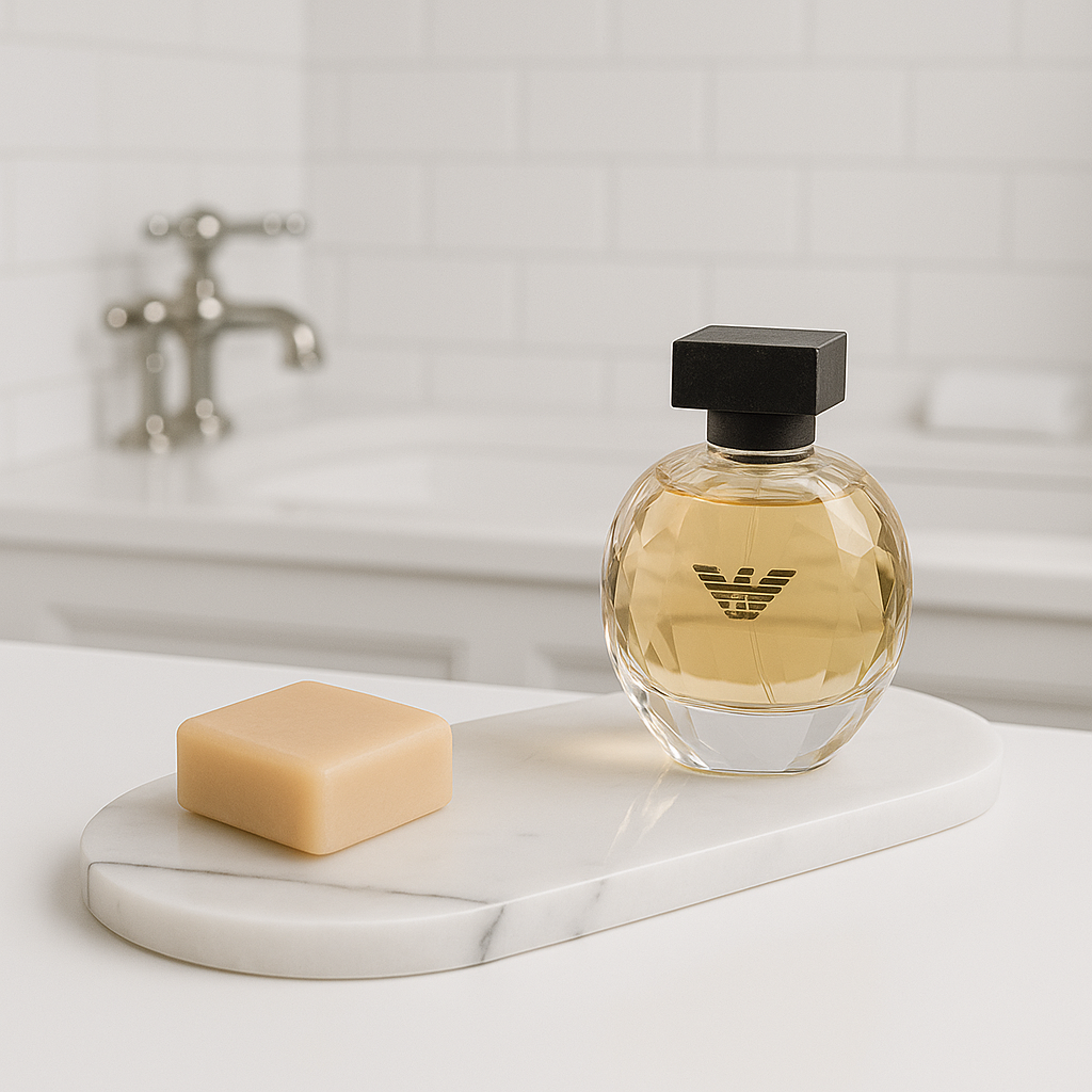 plateau en marbre pour salle de bain avec parfum et savon