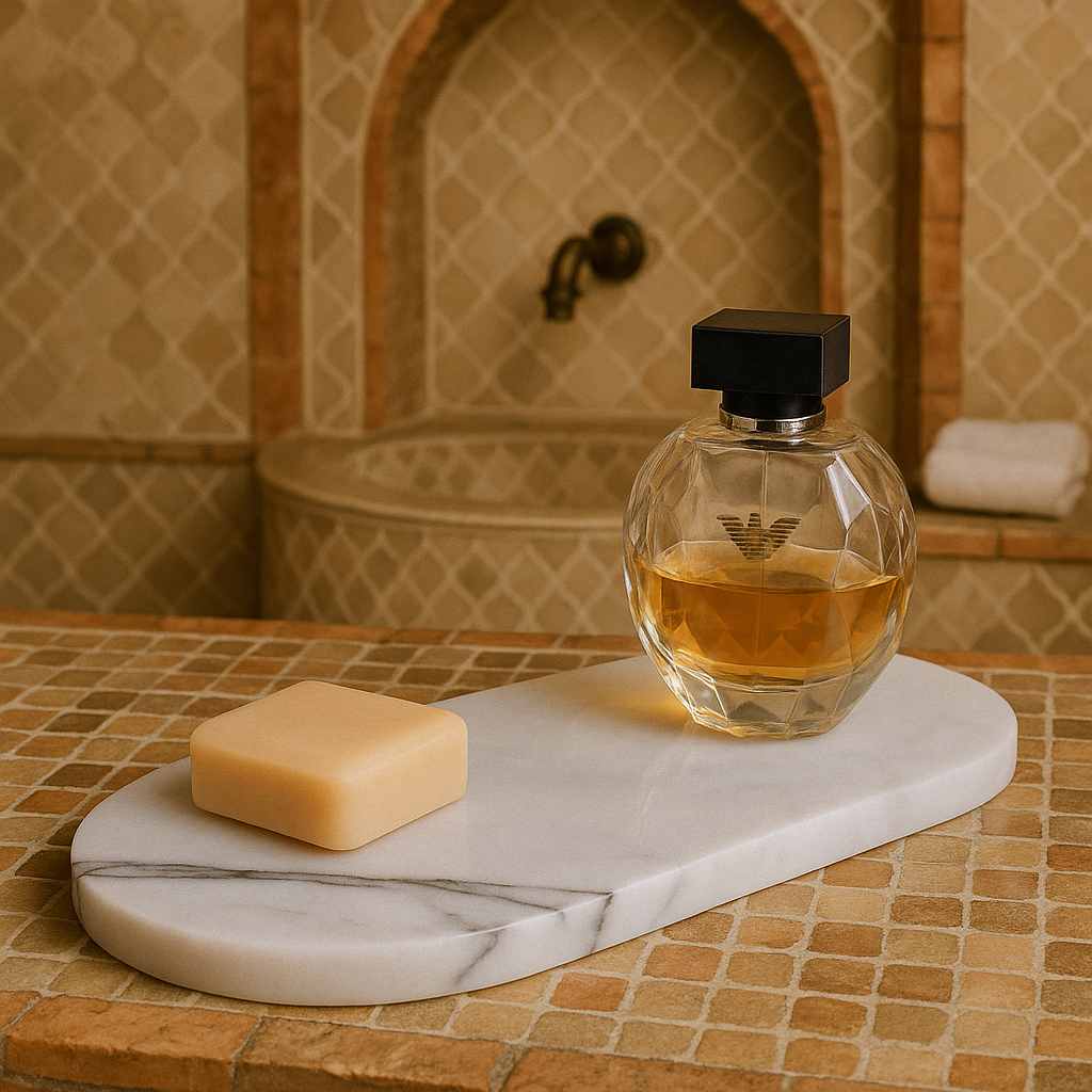 plateau en marbre sur plan en zellige marocain avec savon